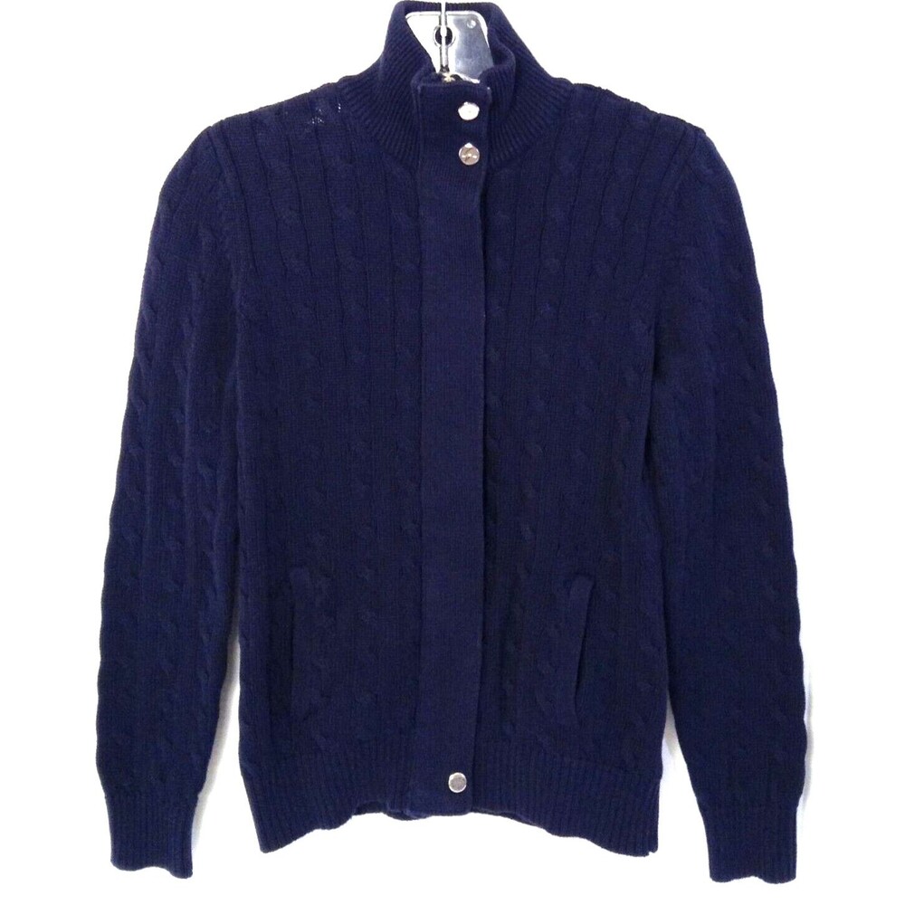 Ralph Lauren Cardigan Sweater Wn S/P Navy Cable Knit Fisherman Zip/Snap Pockets